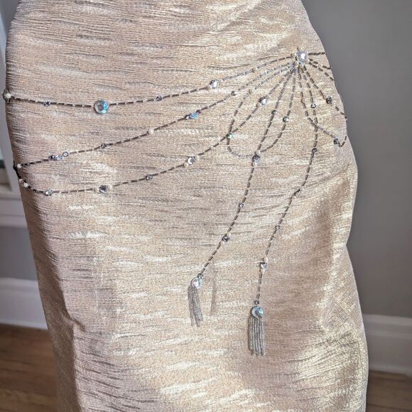 NWT Y2K Kelly and Diane Mini Skirt Pencil Slit Gold Beaded Bow Tassel Size 6 - Picture 7 of 13